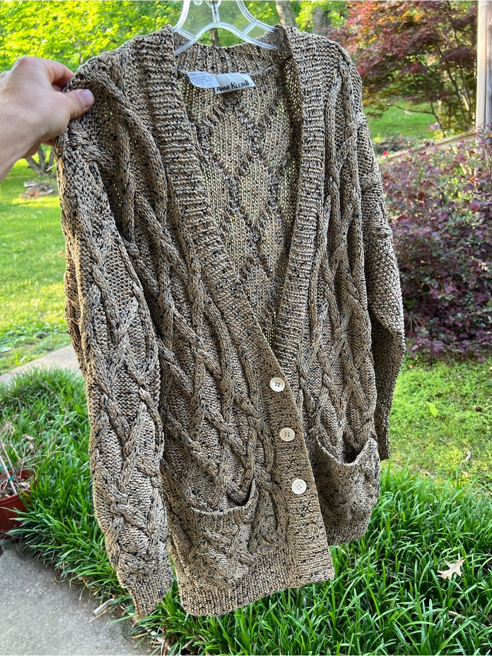 Anne Klein Taupe-Brown Cable Knit Button Cardigan